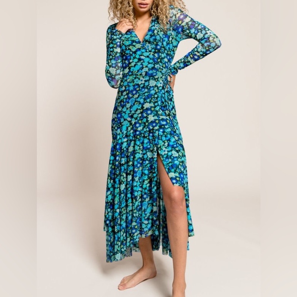 Floral Print Stretch-mesh Wrap Maxi Dress